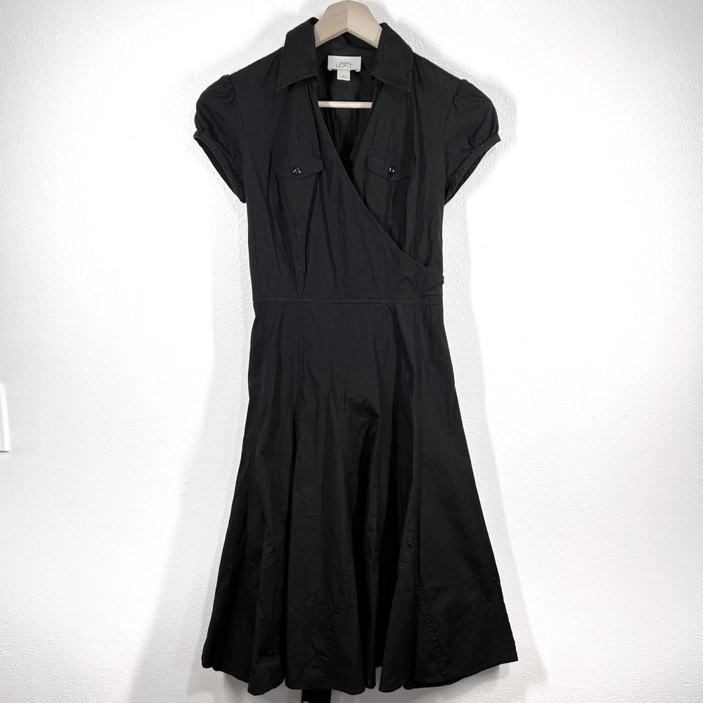 LOFT Black Wrap Dress Cotton Blend Career Casual Fit & Flare Size‎ 0 Cocktail